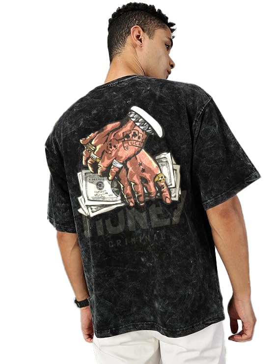 Men Black Graphic Printed Oversized Half Sleeve T-Shirt