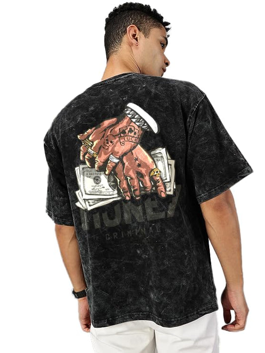 Men Black Graphic Printed Oversized Half Sleeve T-Shirt